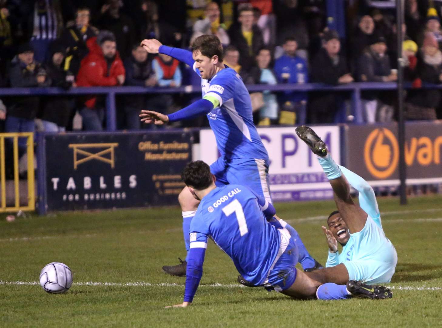 Captain Sonny Miles and Wimbledon loanee Luke Jenkins (No.7) stop Torquay in their tracks Picture: Dave Couldridge