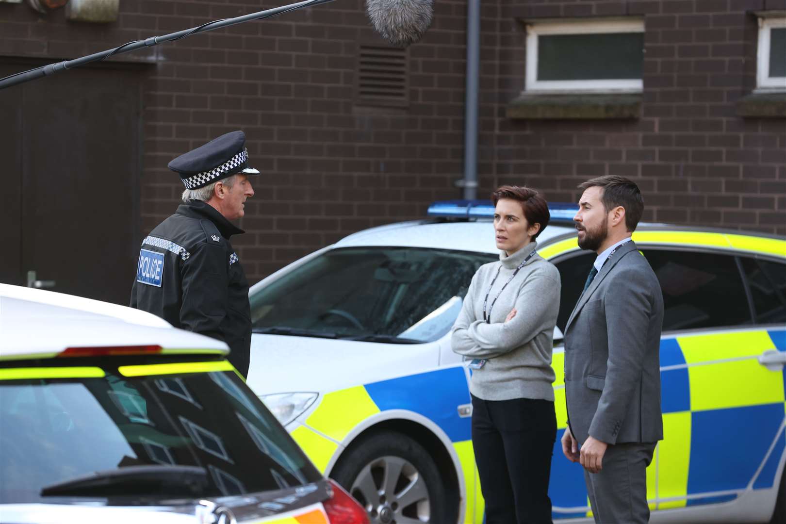 (l to r) Adrian Dunbar, Vicky McClure and Martin Compston on the set of the final series of Line of Duty (Liam McBurney/PA)