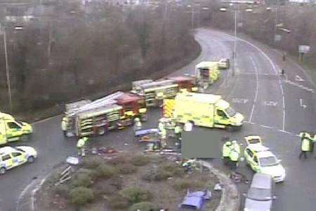 Emergency services at the scene after a car ploughed into a roundabout in Canterbury city centre. Picture by Kent Highways