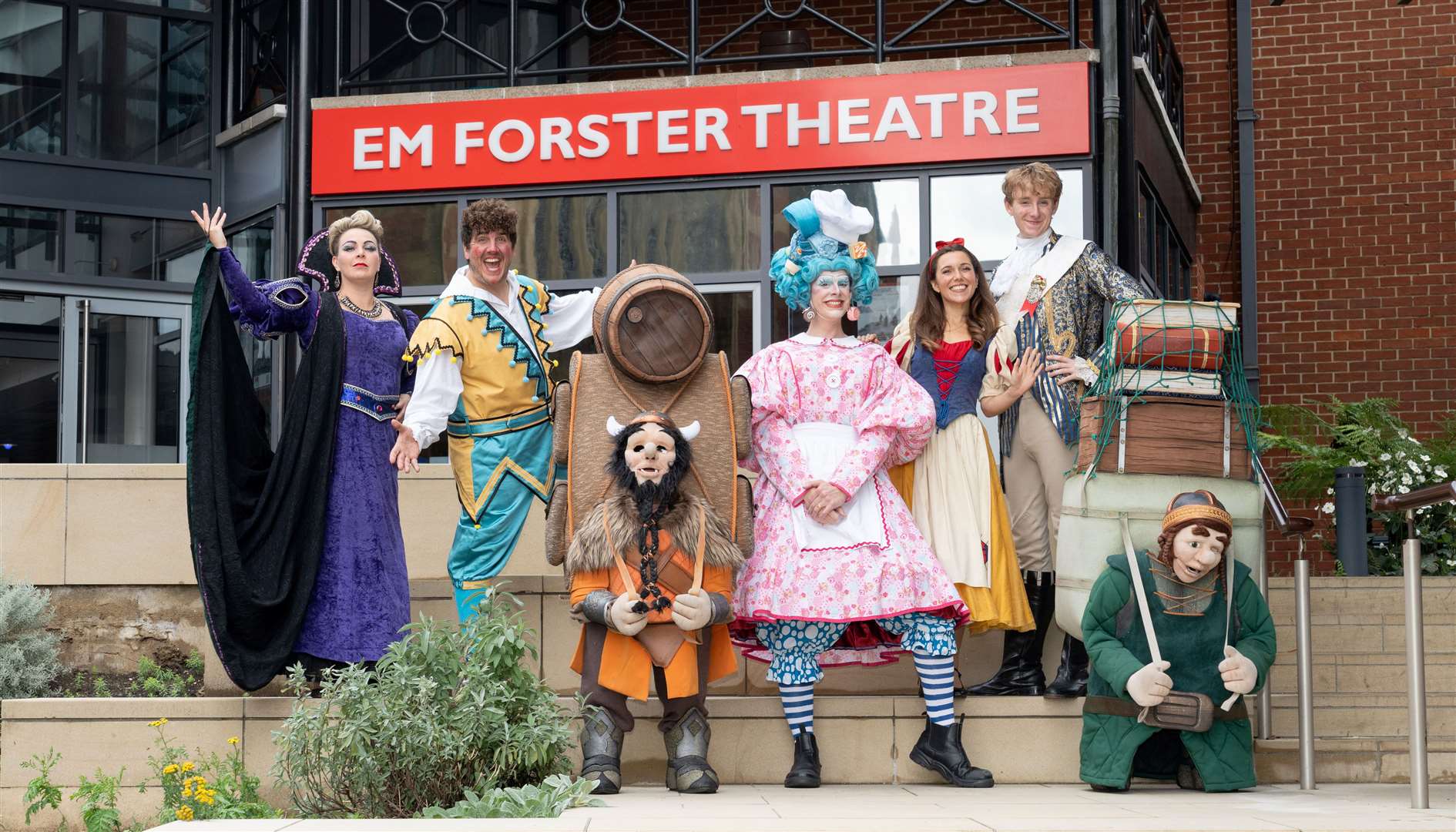 The cast of this year’s panto gathered outside the EM Forster Theatre for photos. Picture: EM Forster Theatre