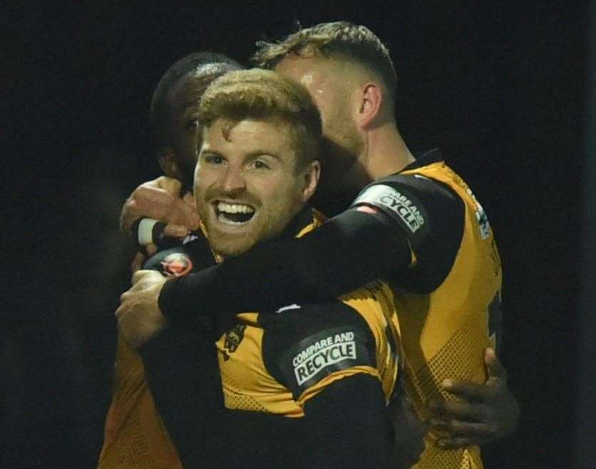 Maidstone forward Jack Barham celebrates his goal at Scunthorpe. Picture: Steve Terrell