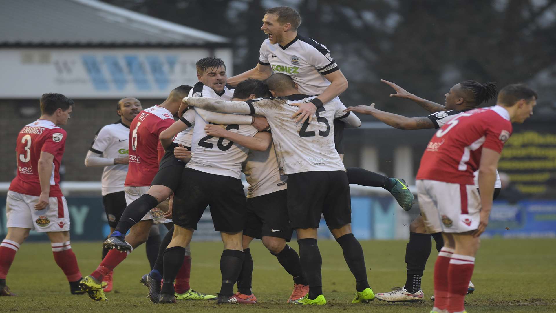 Dover celebrate Joe Healy's goal during Saturday's 1-1 draw against Wrexham at Crabble