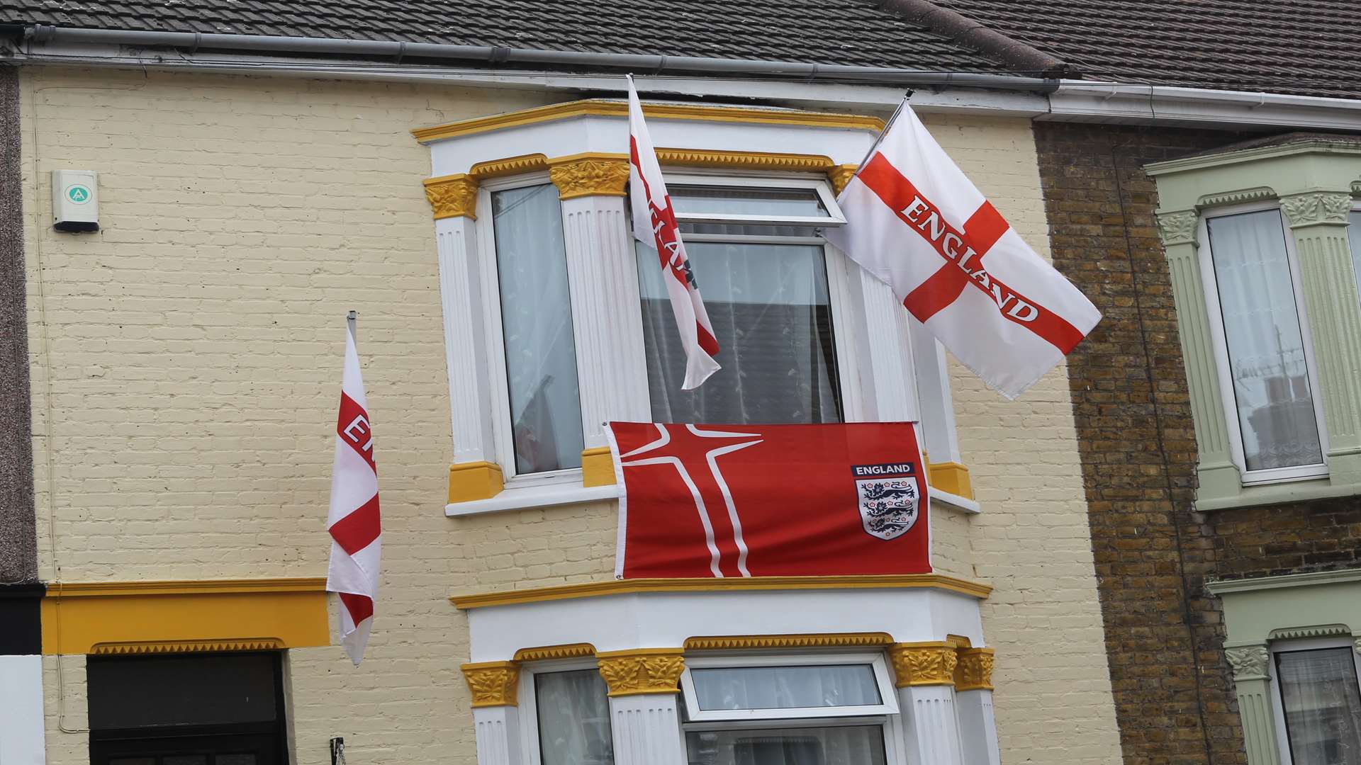 English flags adorn a house along Invicta Road, Sheerness