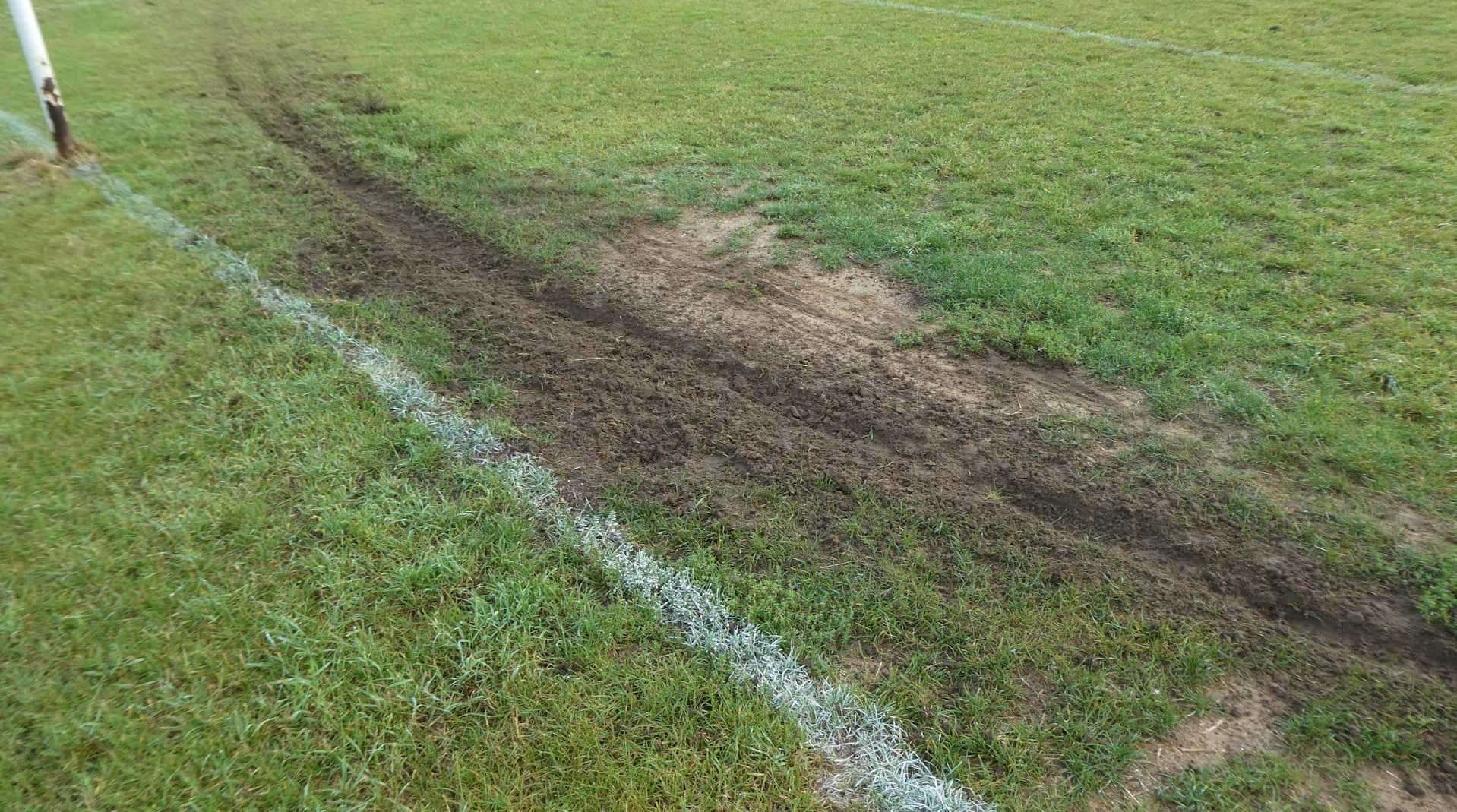 Previous damage left by riders on Barnfield Recreation Ground