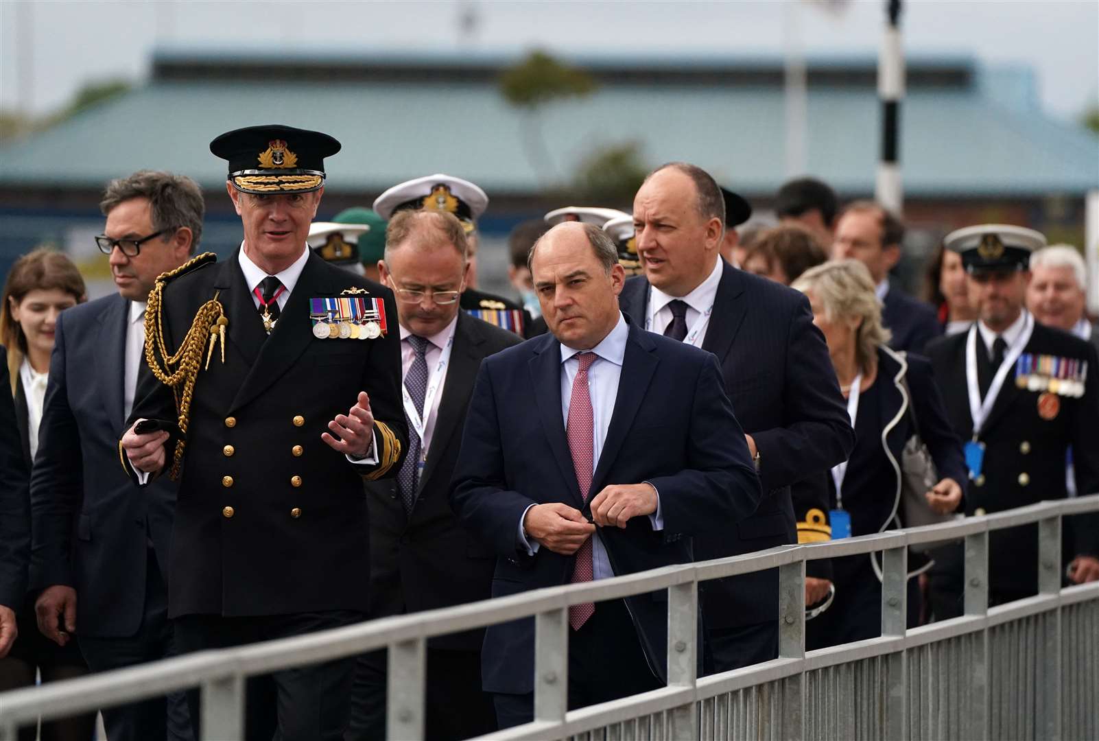 Defence Secretary Ben Wallace alongside Second Sea Lord Vice Admiral Nick Hines outside The Venturer Building after a frigate steel cutting ceremony at Babcock Rosyth, Fife (Andrew Milligan/PA)