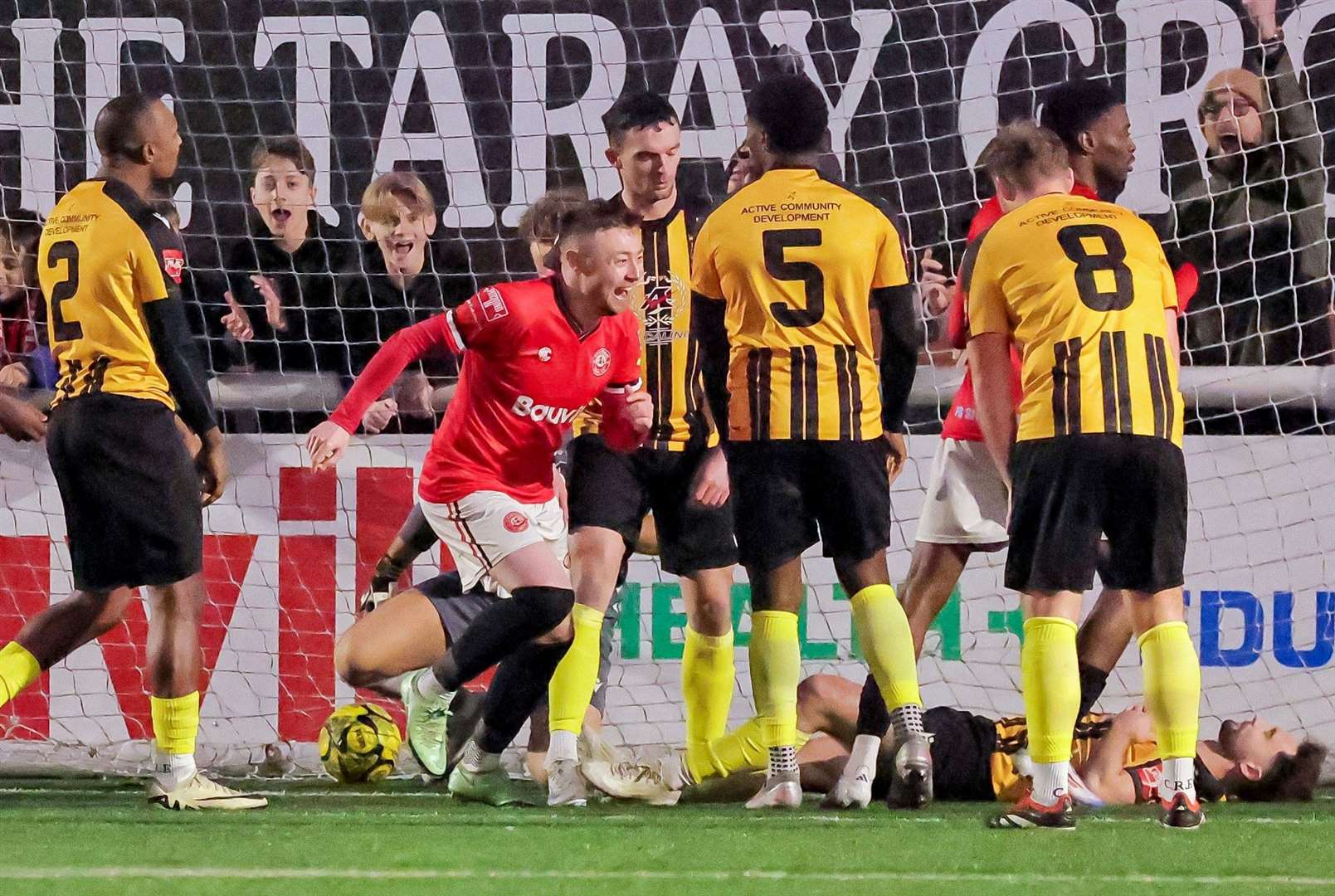 Freddie Sears, centre, celebrates his second in Chatham’s 4-1 Isthmian Premier win over Folkestone on Saturday. Picture: Helen Cooper