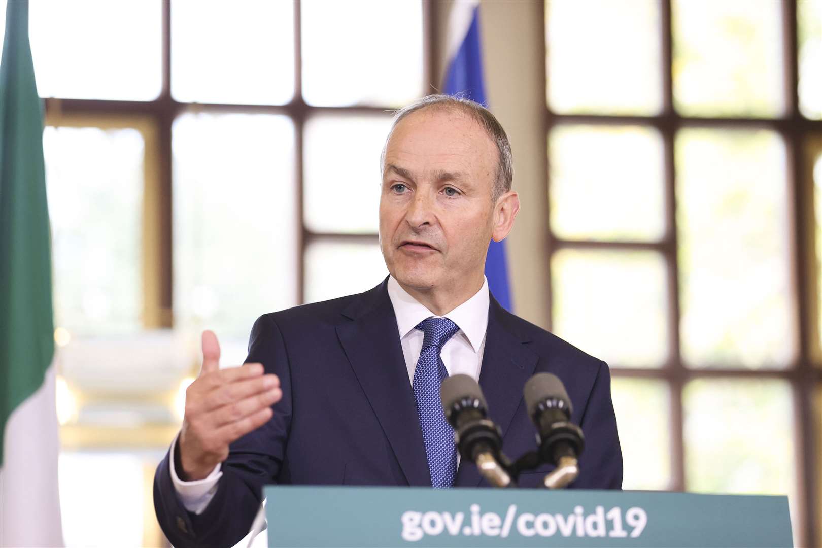 Taoiseach Micheal Martin speaking in Dublin at the unveiling of the Irish government’s blueprint for living with Covid-19 (Julien Behal/PA)