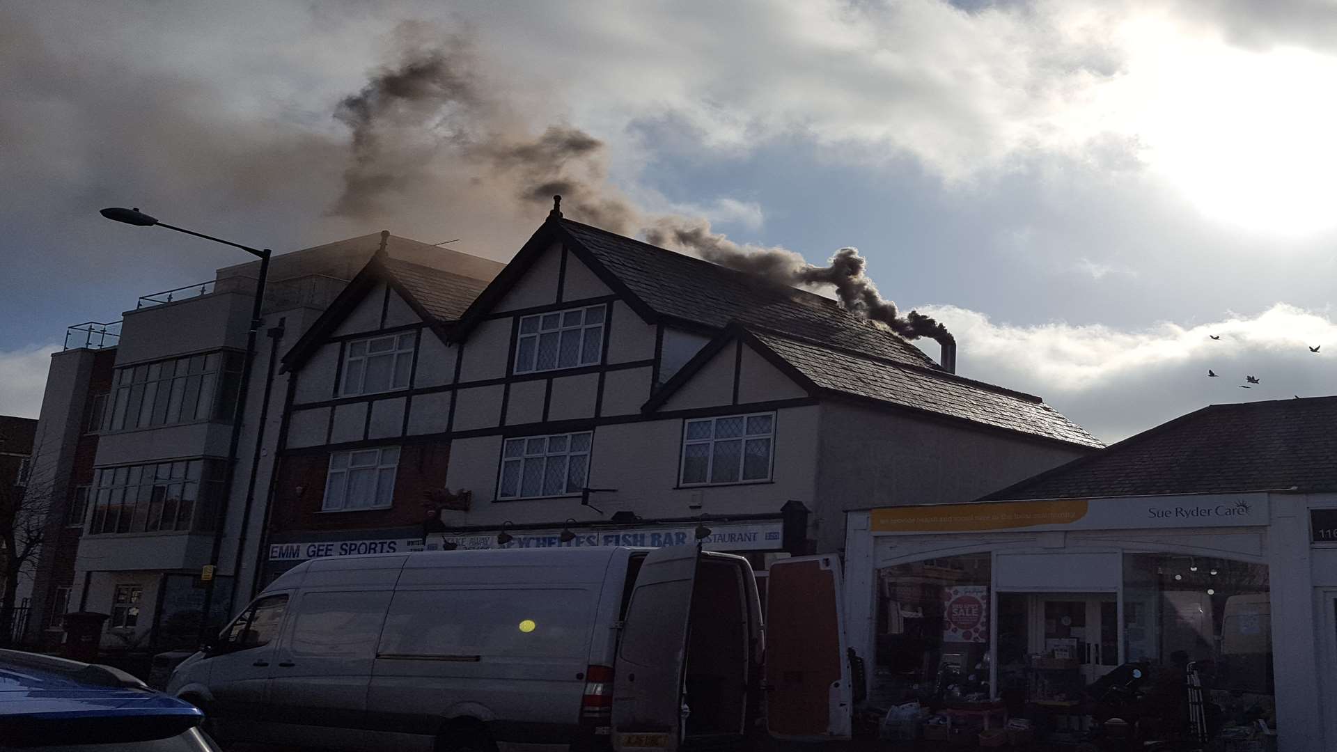 Plumes of smoke from the fire at Seychelles Fish Bar