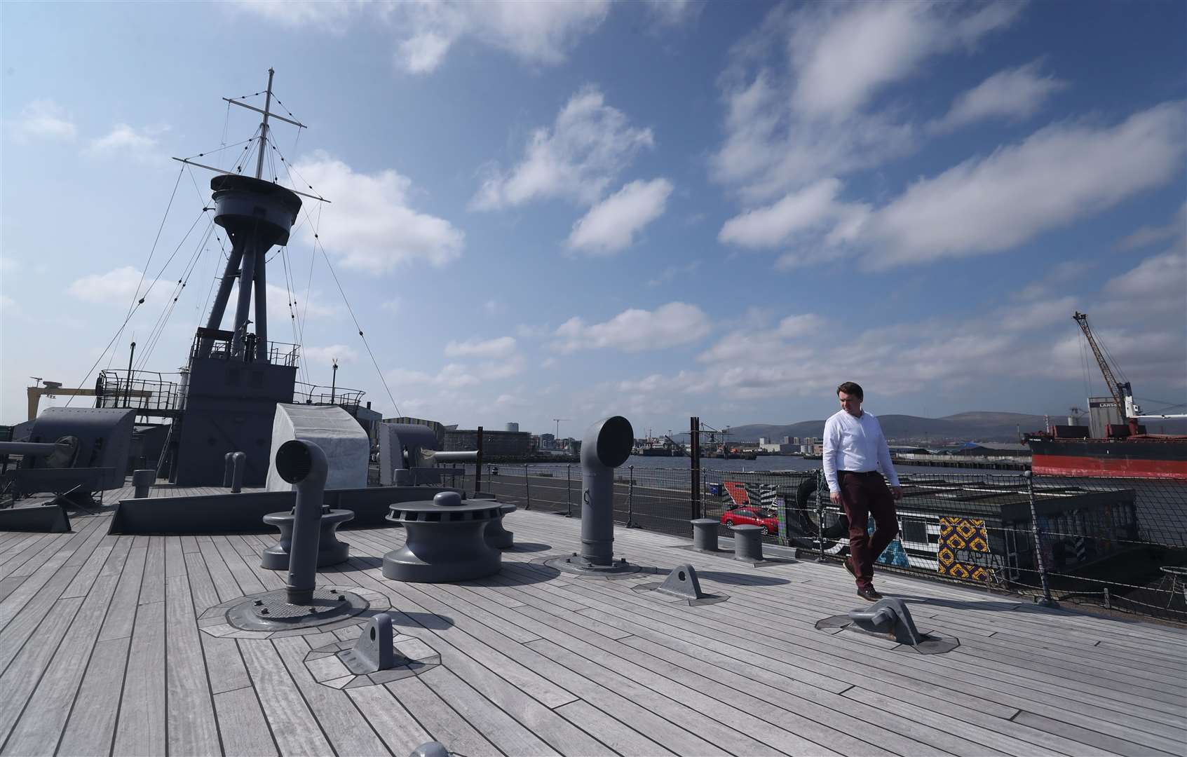 Manager Ben Robson walks the deck of the HMS Caroline during lockdown (Niall Carson/PA)