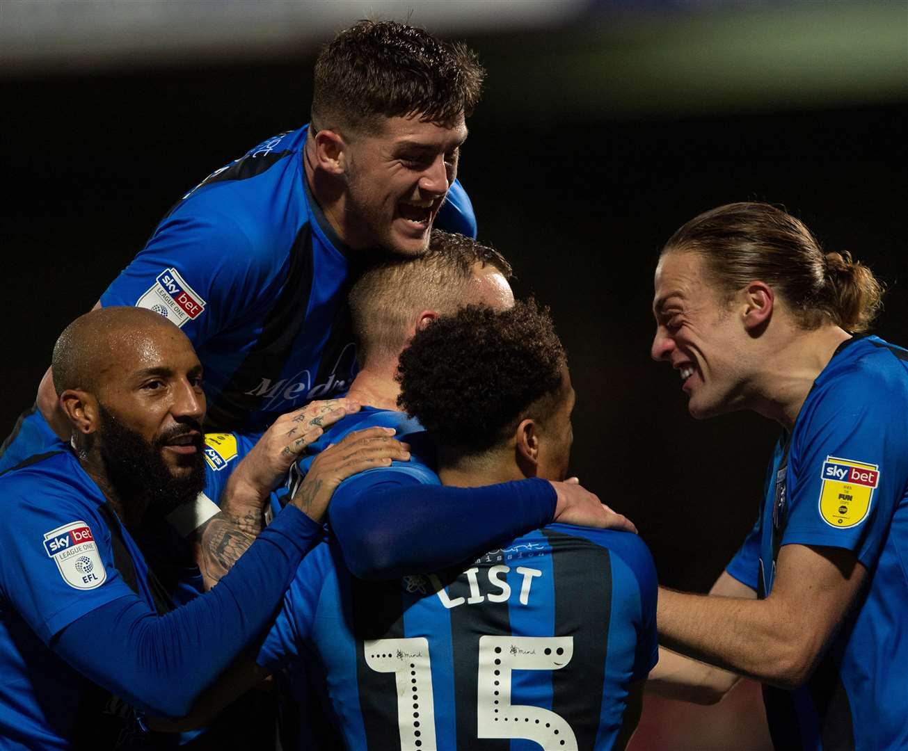 Gillingham celebrate Dean Parrett's goal at Scunthorpe on Saturday Picture: Ady Kerry