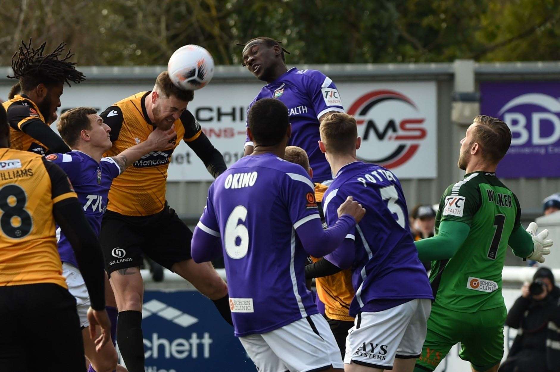 Sam Bone heads goalwards during Maidstone's FA Trophy Quarter-Final against Barnet. Picture: Steve Terrell