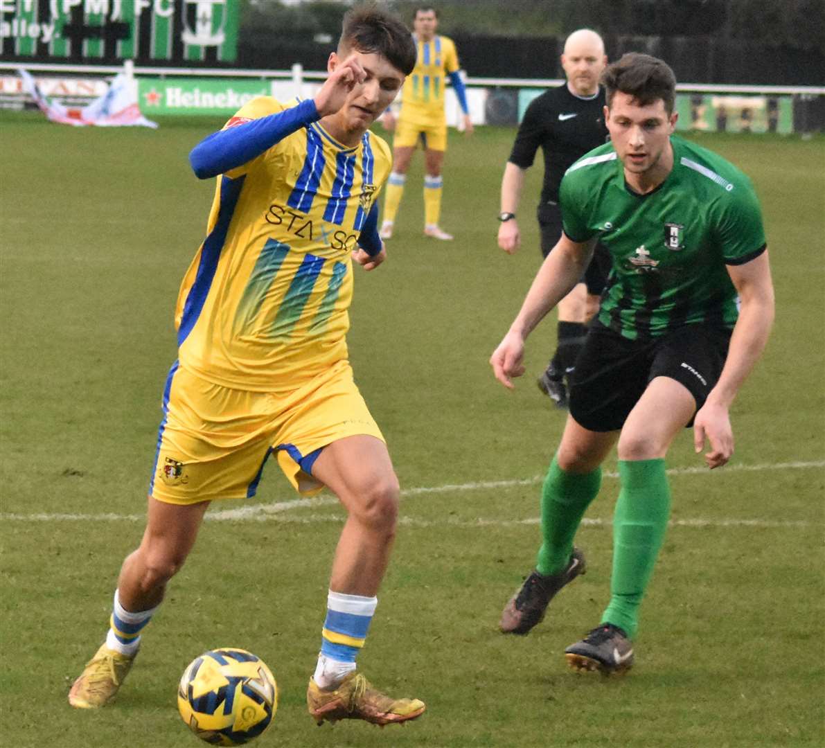 Mitchell May – got Sittingbourne on their way to a big derby Isthmian South East 3-0 success at Herne Bay. Picture: Alan Coomes