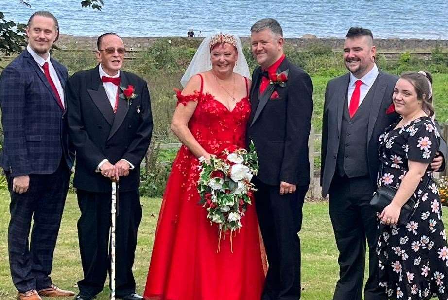 Newly-wed Julie and Greg with her son Ashley (left,) dad Russell and her other son Robert with girlfriend Alice