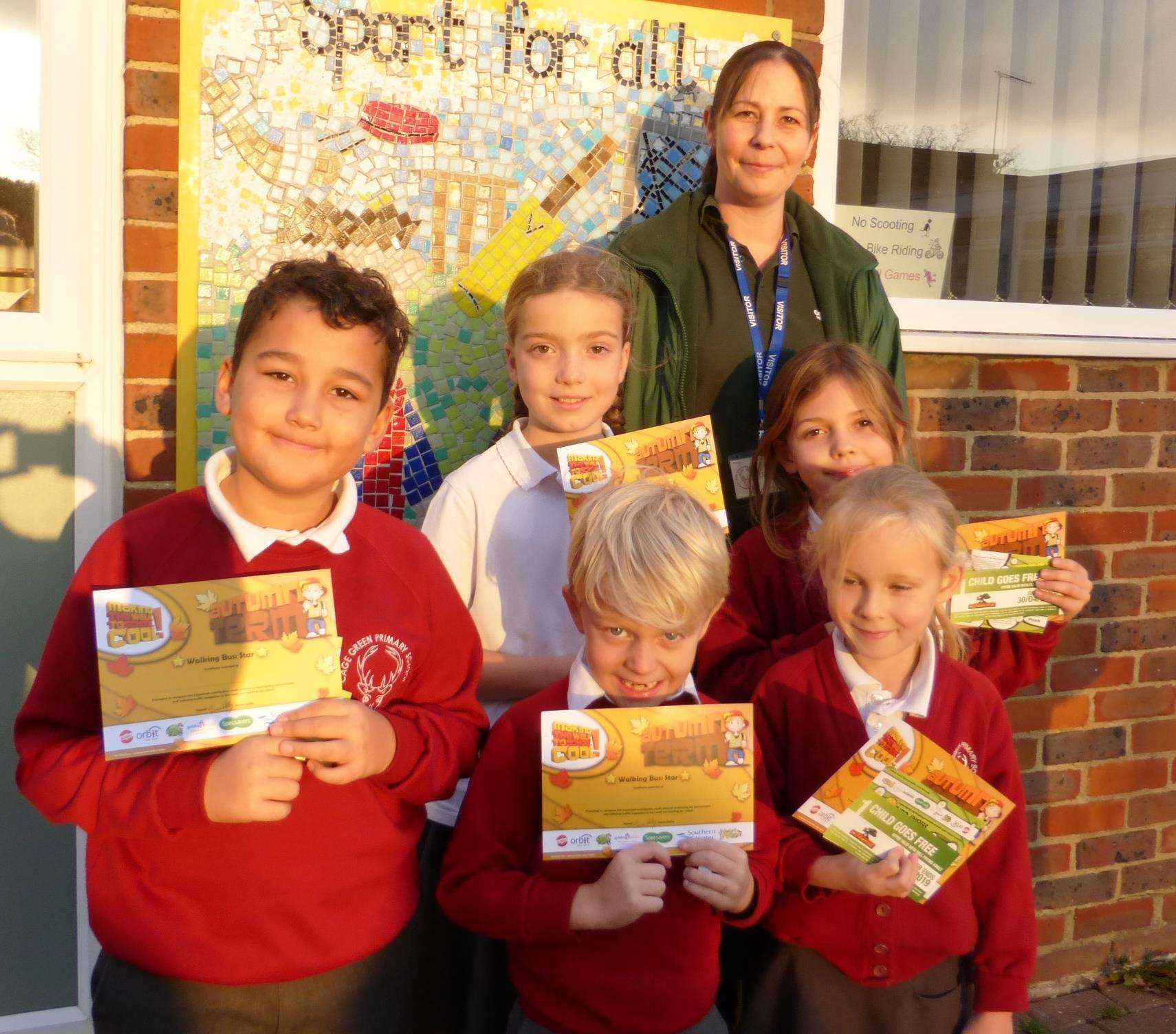 Vanessa Hayward from Countrystyle Recycling joins pupils at the launch of Cage Green Primary’s walking bus.