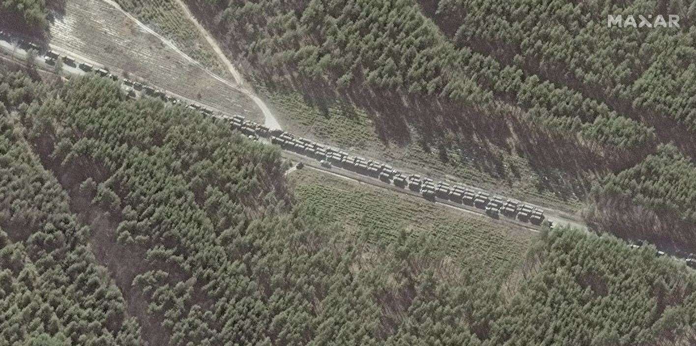 The northern end of a convoy of Russian vehicles (Maxar Technologies/AP)