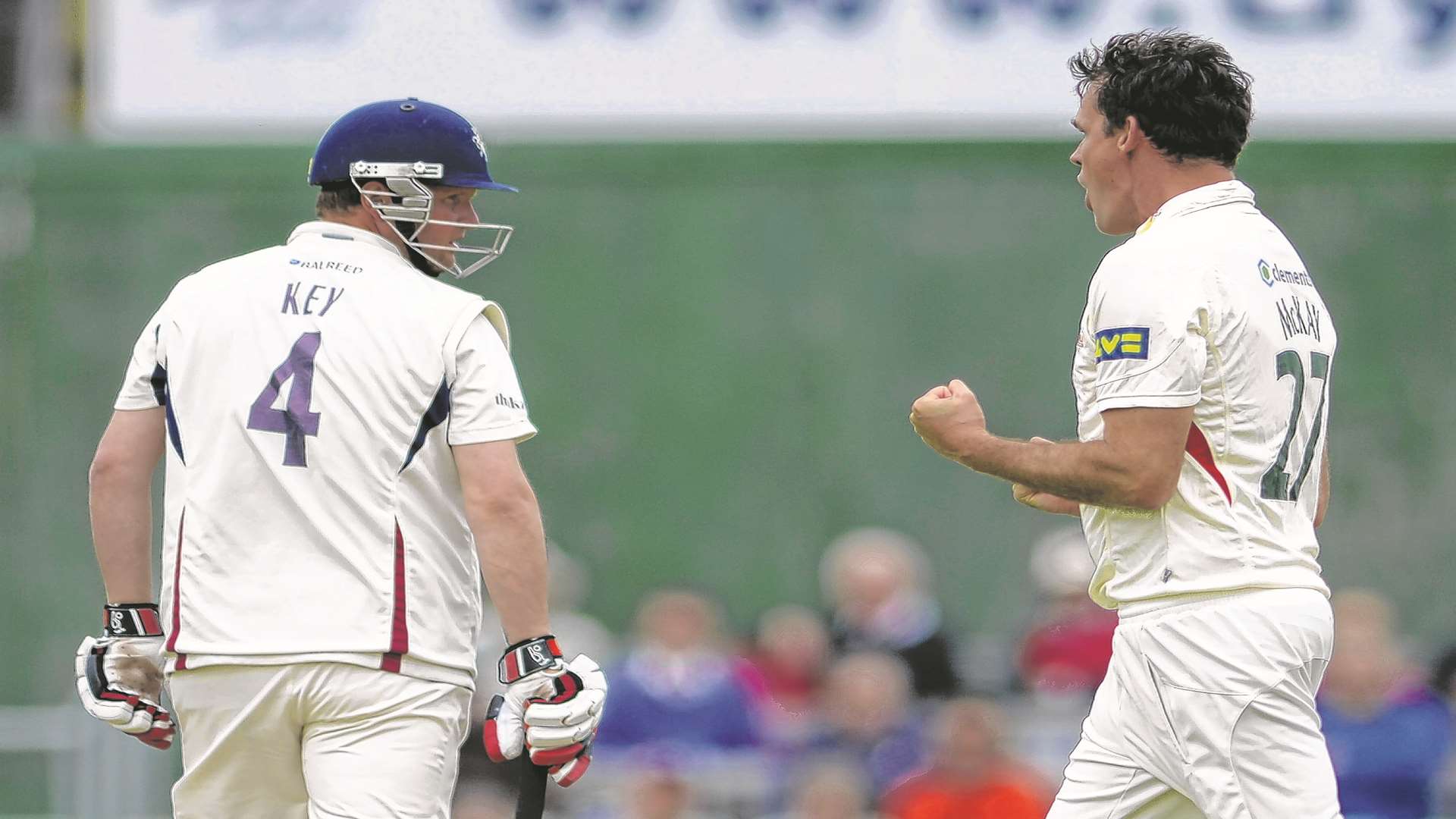 Leicestershire's Clint McKay celebrates after trapping Rob Key leg before for eight in the first innings. Picture: Barry Goodwin