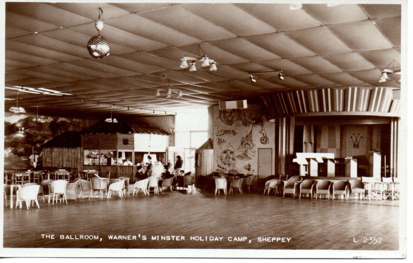 Ballroom and stage at Warners holiday camp, Minster, Sheppey. Postcard in the Matthew and Hazel Bodiam Collection