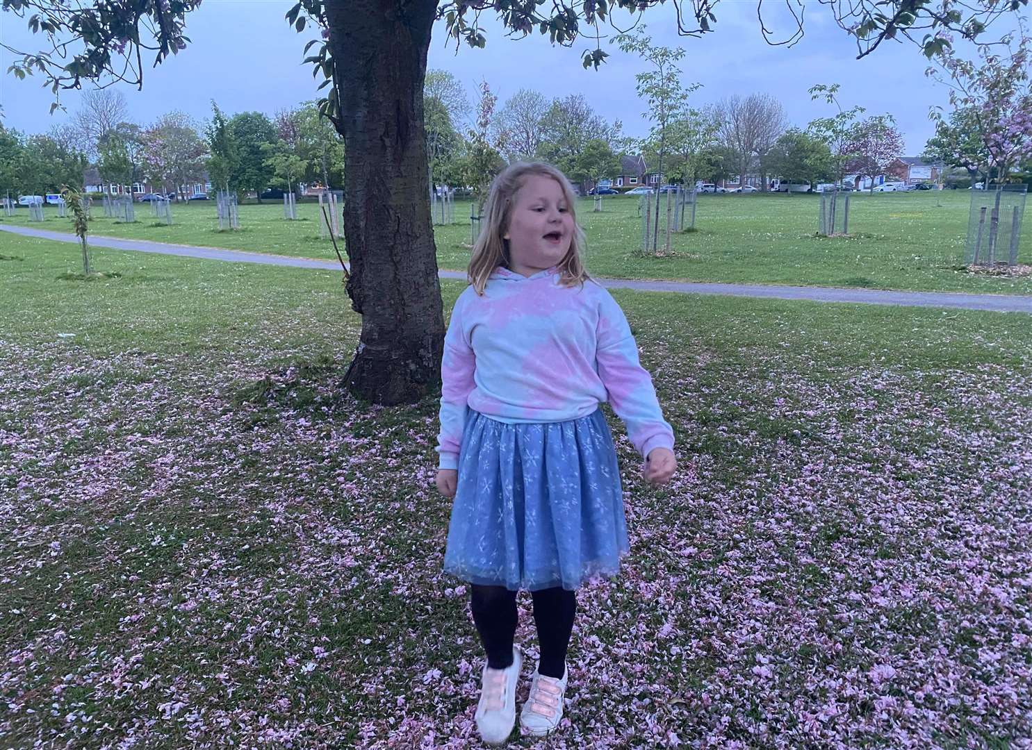 Maya Siek, six, playing under the tree where her memorial bench now stands