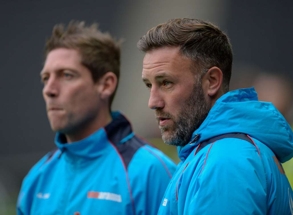 Jay Ssunders, right, on the touchline at MK Dons with assistant manager Nicky Southall Picture: Ady Kerry