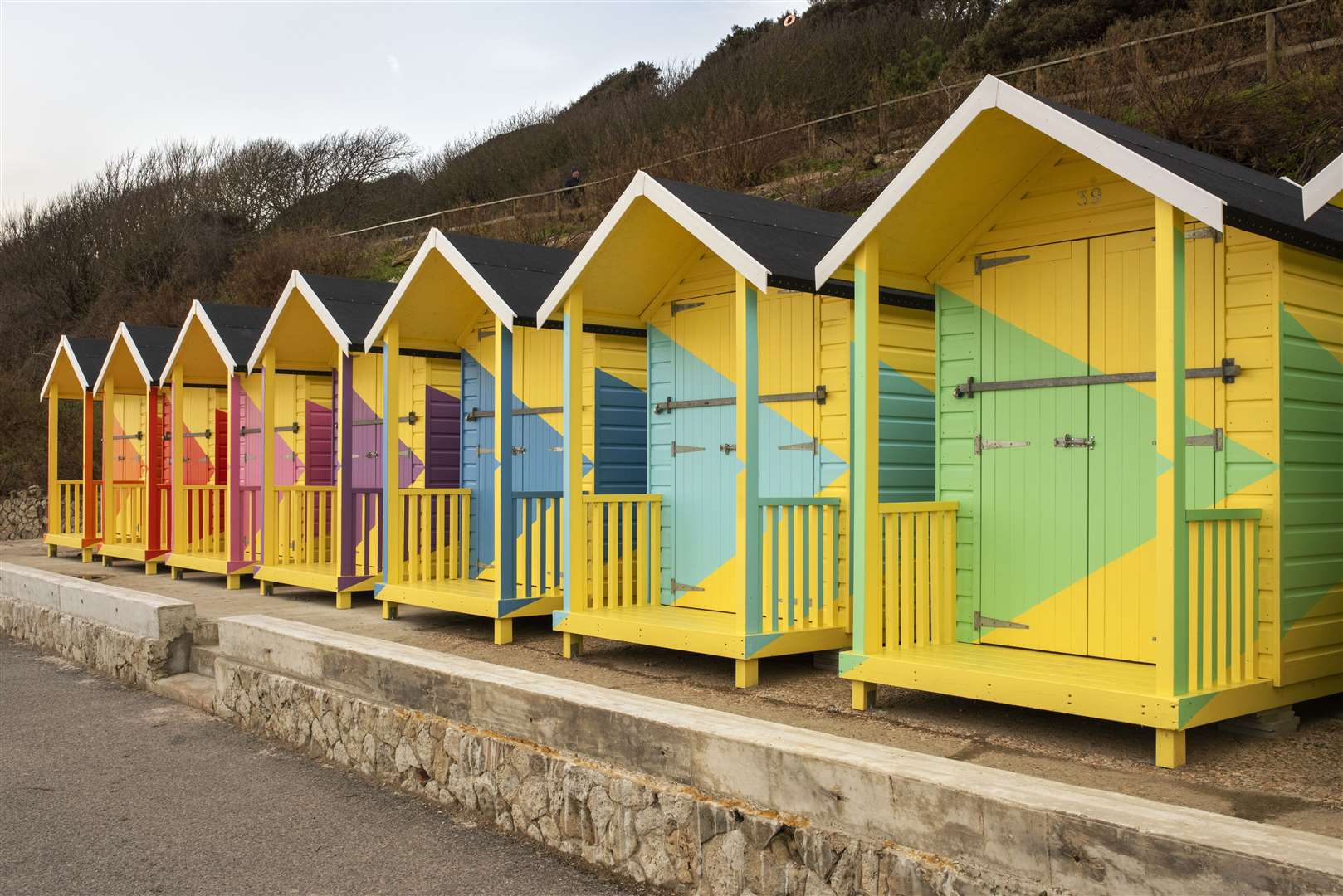 Rana Begum's Arpeggio beach huts were commissioned for Creative Folkestone Triennial 2021. Photo: Thierry Bal