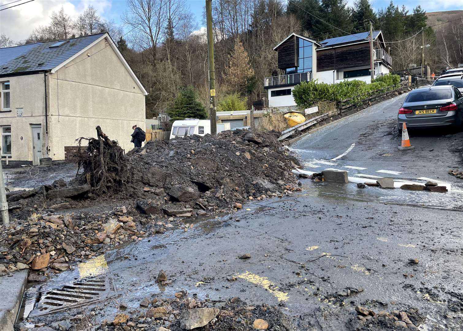 Debris on a street in Cwmtillery, Wales, where a mudslide forced residents from their homes (George Thompson/PA)