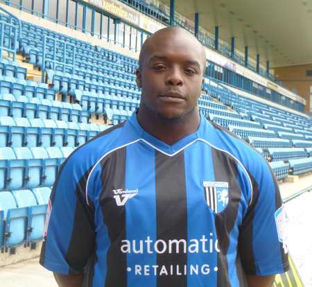 New Gills signing Adebayo Akinfenwa at Priestfield on Thursday morning