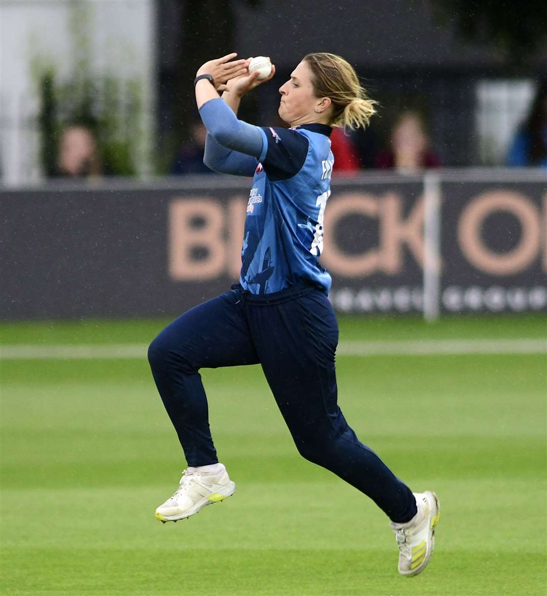 Phoebe Franklin runs in to bowl at Canterbury Picture: Barry Goodwin