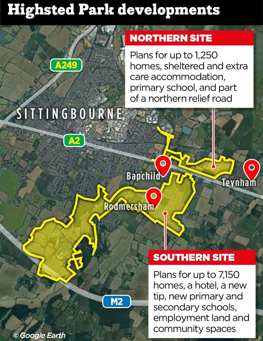 A map shows how far the sprawling estate around Sittingbourne and Teynham could reach