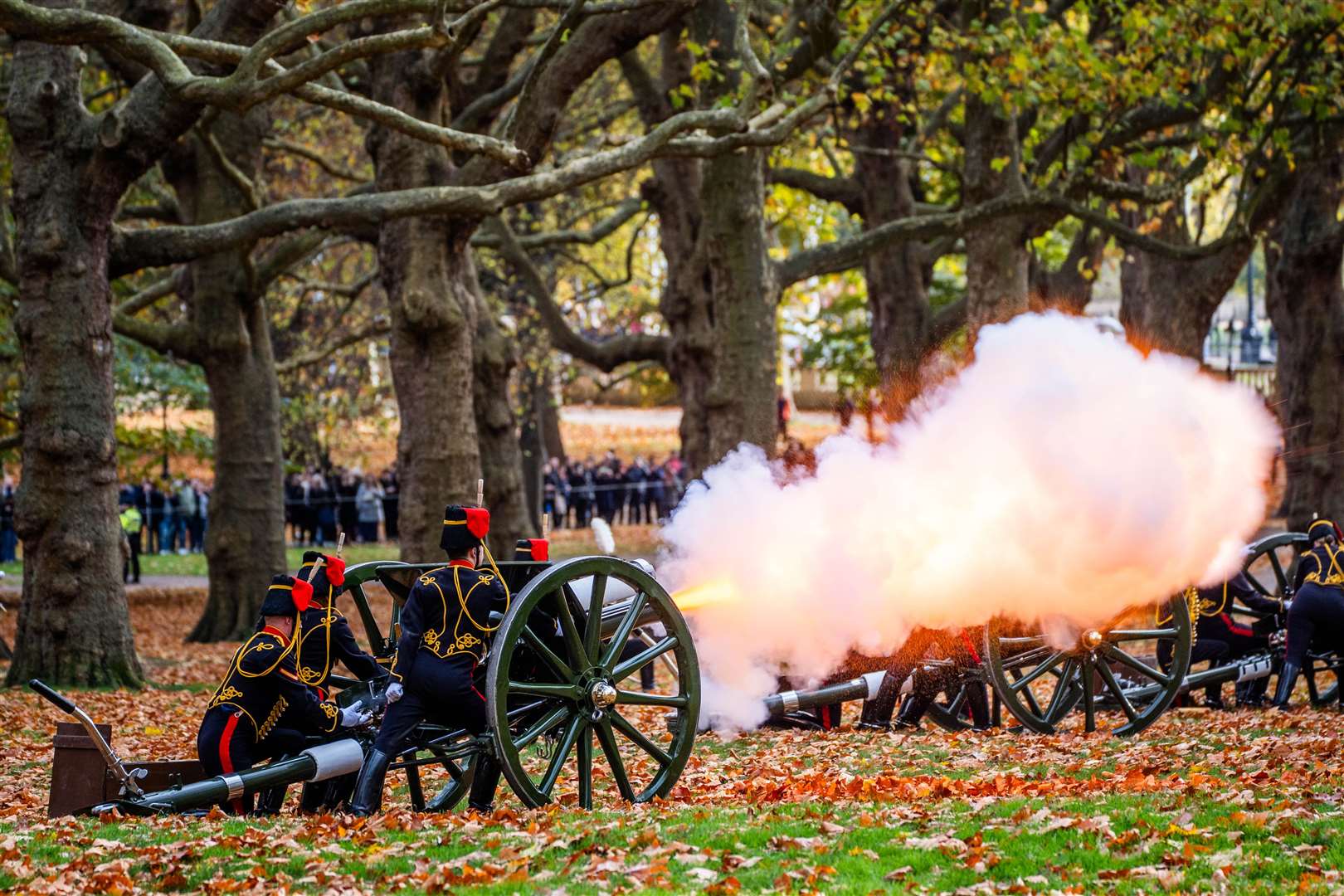 The King’s Troop Royal Horse Artillery fire a 41-gun salute at Green park, central London, to mark the 76th birthday of King Charles III. Picture date: Thursday November 14, 2024.