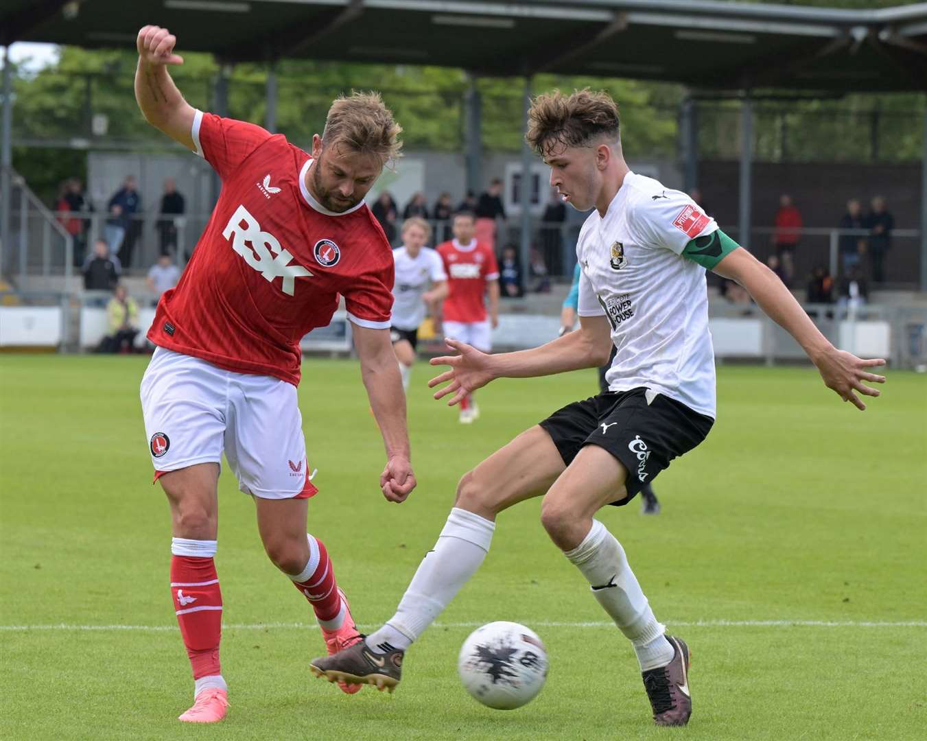 George Whitefield, pictured in pre-season action against Charlton’s Matty Godden, claimed an assist for Dartford’s first goal in their 2-0 victory at Chatham on New Year’s Day. Picture: Keith Gillard