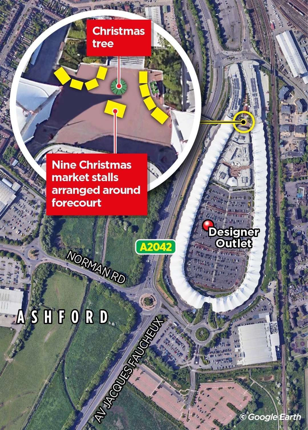 An illustration showing what the Christmas market could look like at Ashford Designer Outlet