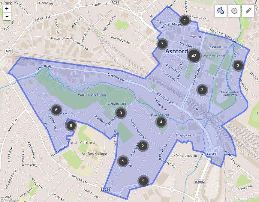 Ashford's Victoria ward had 87 similar incidents. Picture: police.uk