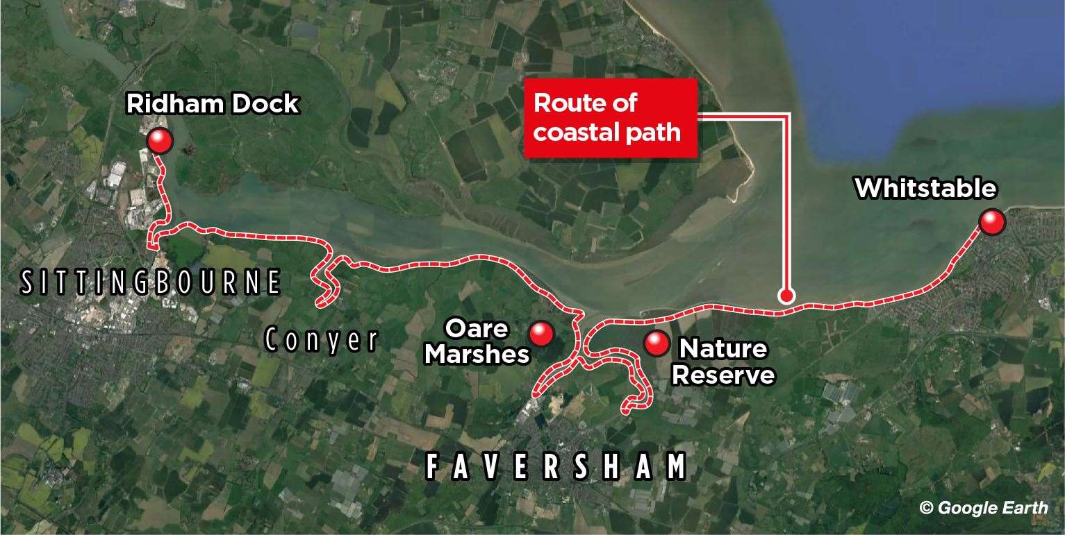 A map of the Whitstable to Iwade route