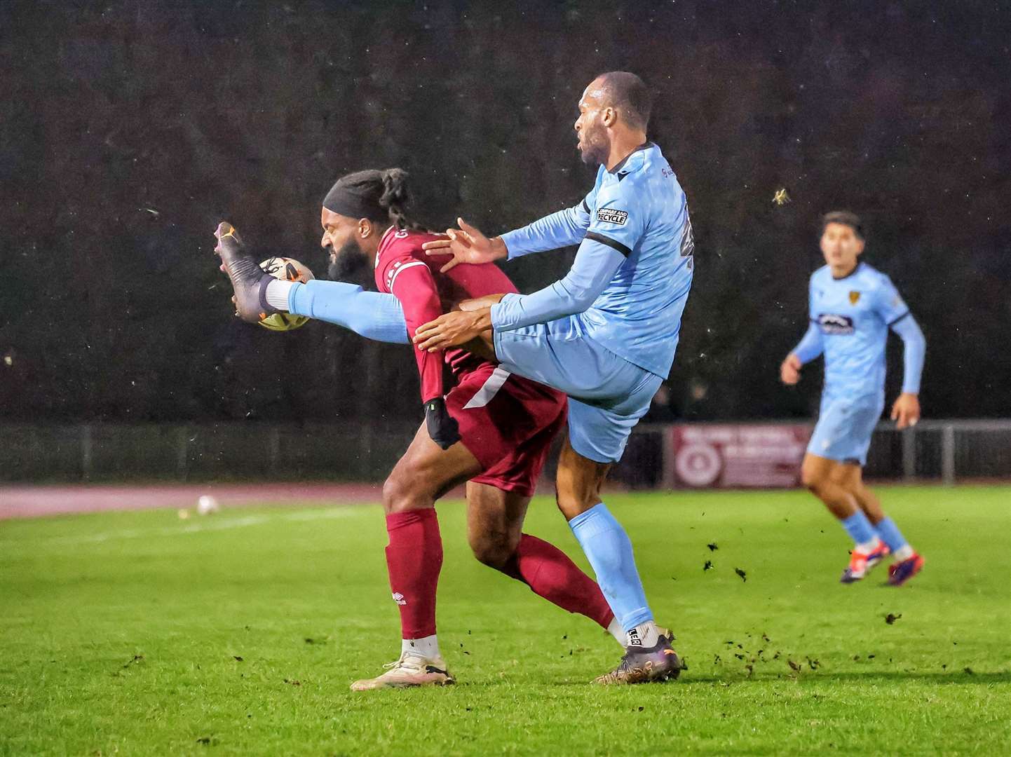 Maidstone defender Reiss Greenidge takes the ball off brother Jordan before the City striker's first-half red card for kicking out at Temi Eweka. Picture: Helen Cooper