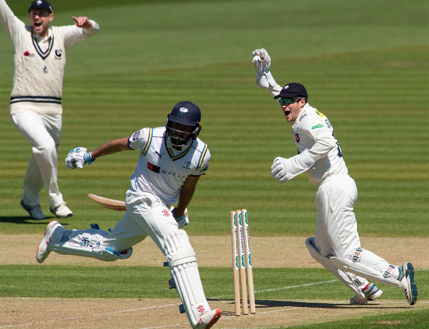 Kent wicketkeeper Ollie Robinson celebrates as Jack Leaning is run out in the game against Yorkshire at Canterbury earlier this season Picture: Ady Kerry