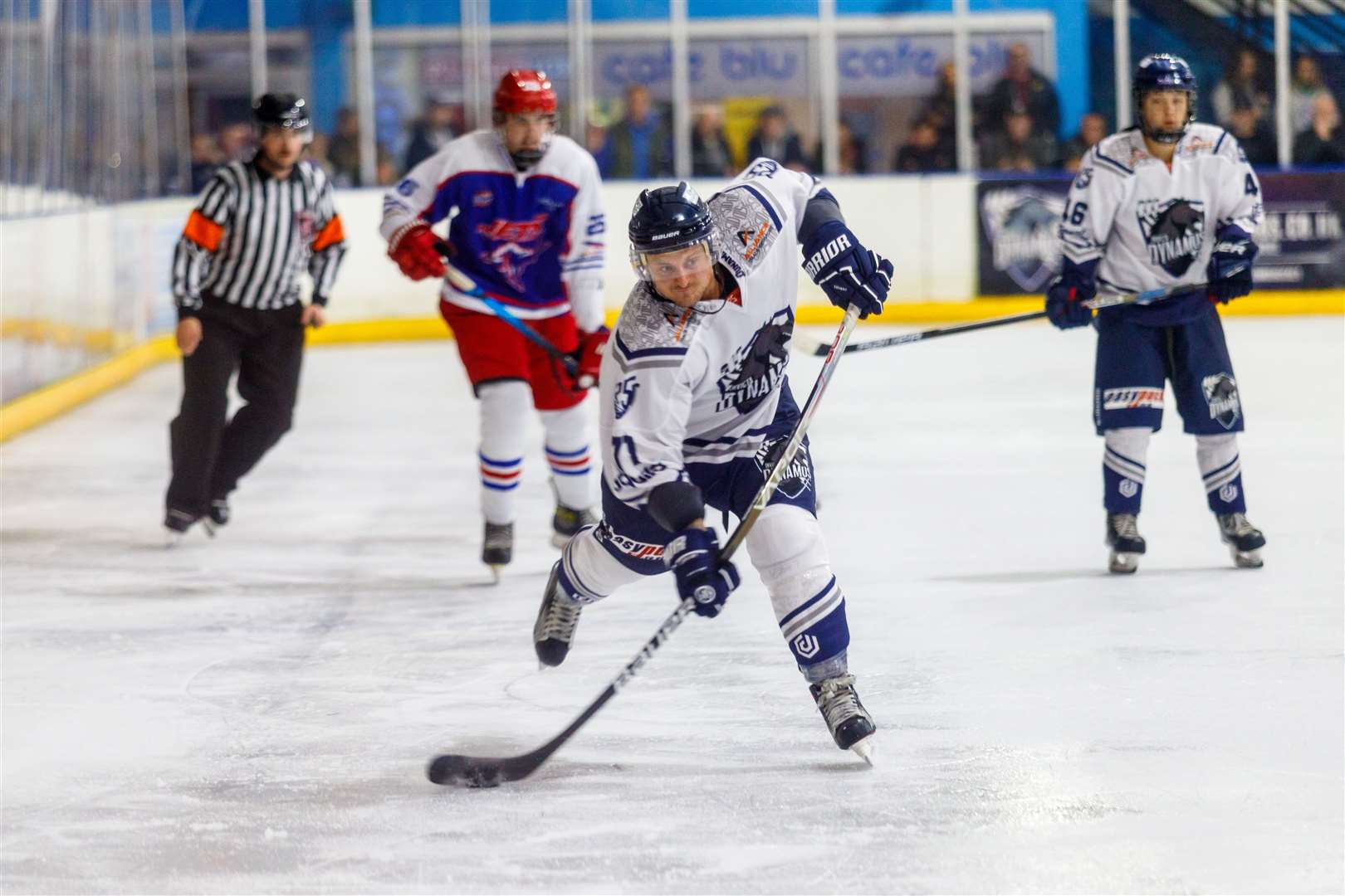 Tom Long sends a slap shot to the Slough goal Picture: David Trevallion