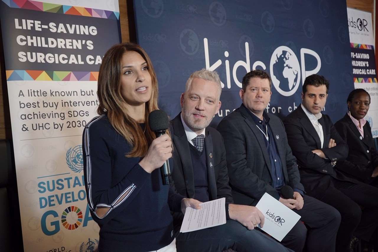 Nicola Wood (left) and Garreth Wood (second left) speaking at the World Economic Forum in Davos, Switzerland (KidsOR/PA)