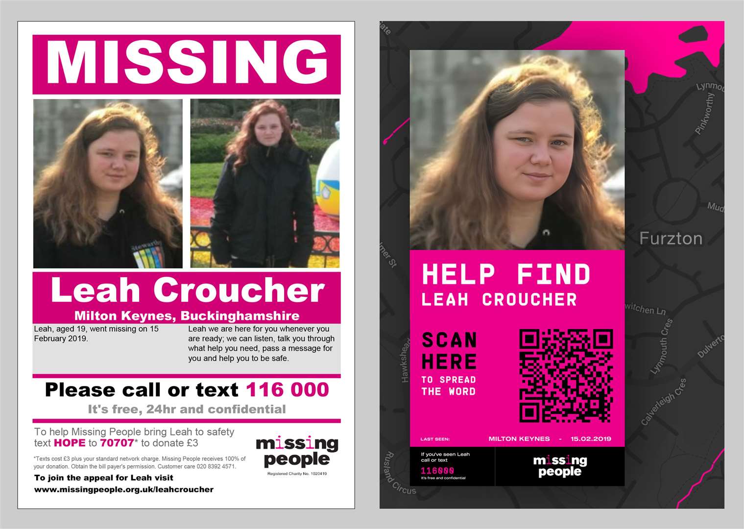 Before and after Leah Croucher missing posters (Missing People/Felicity Crawshaw)