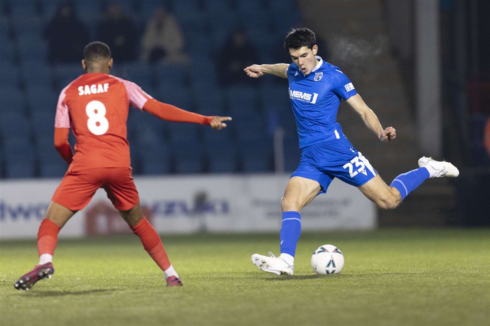 Elkan Baggott has a shot for Gillingham against Dagenham