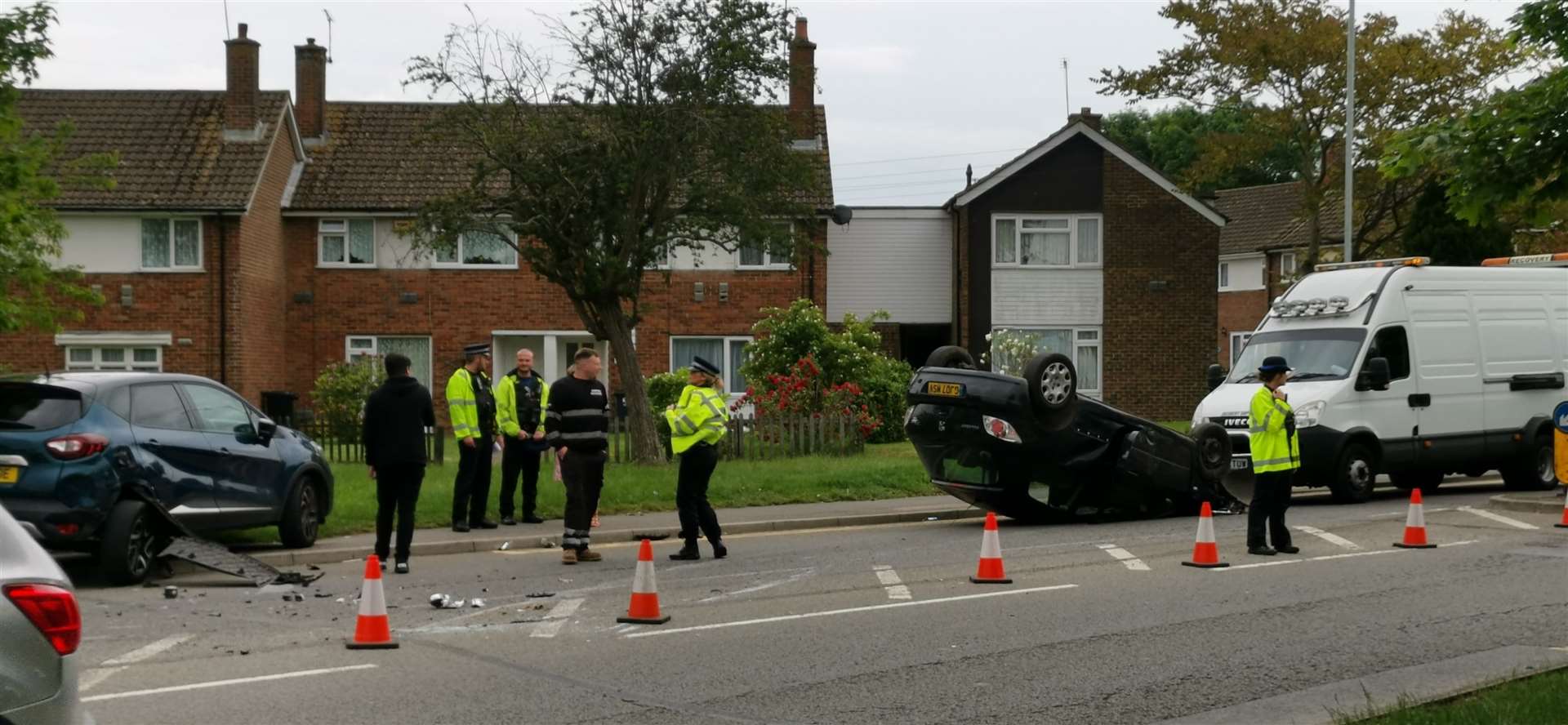 Police hunt runaway driver of overturned car on Brookfield Road in Ashford