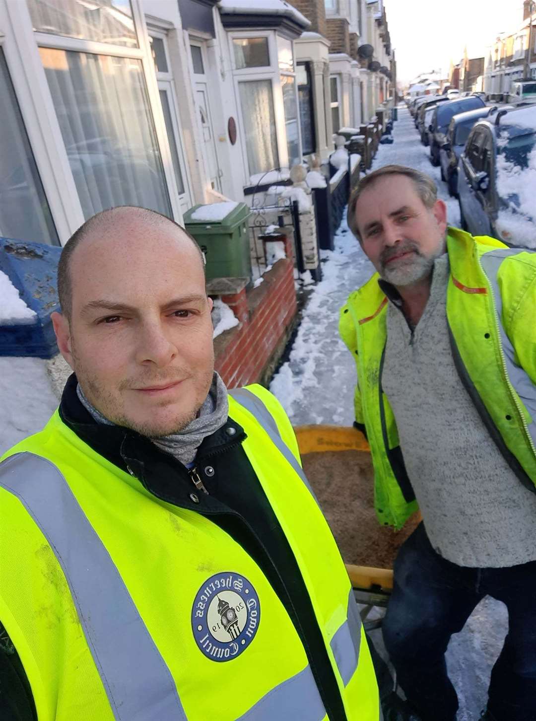 Sheerness Town Council chairman Matt Brown, right, and Cllr Colin Bastable salted backstreets in Sheerness