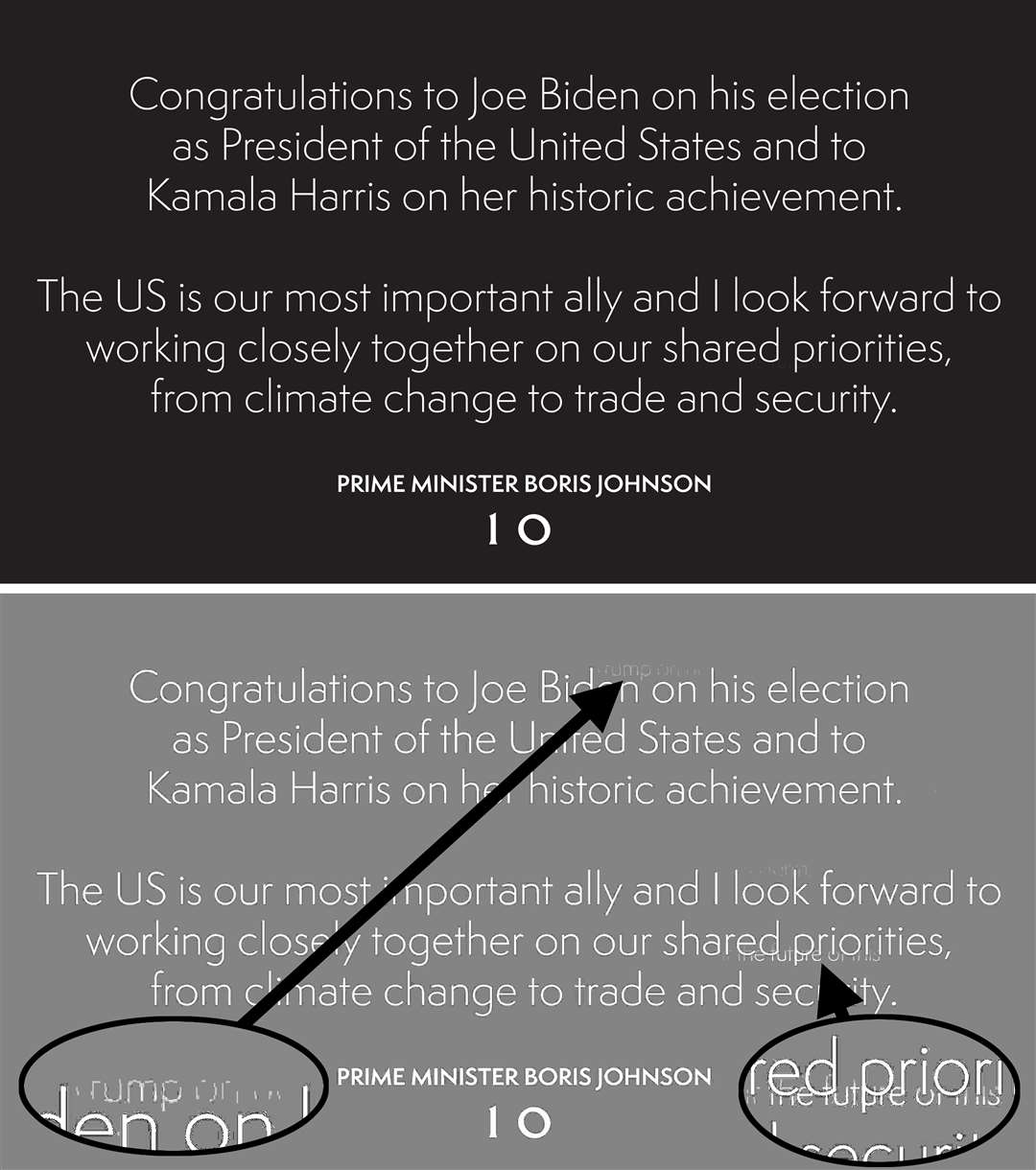 Screengrab from the official Twitter page of Prime Minister Boris Johnson of his original tweet (top) congratulating Joe Biden on his US election victory and an image optimised using Photoshop (below) showing underlying text (10 Downing Street/PA)