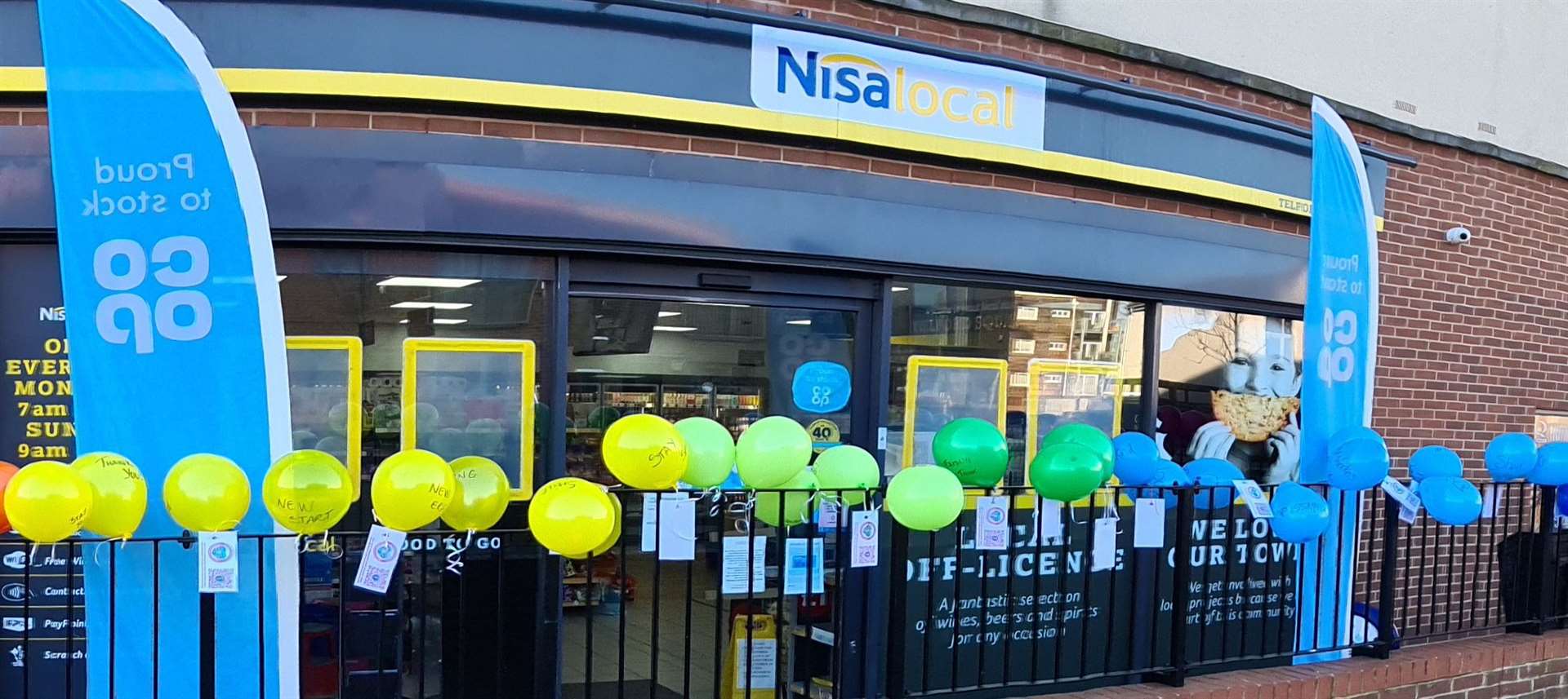 The balloon rainbow Laura helped create outside her local Nisa