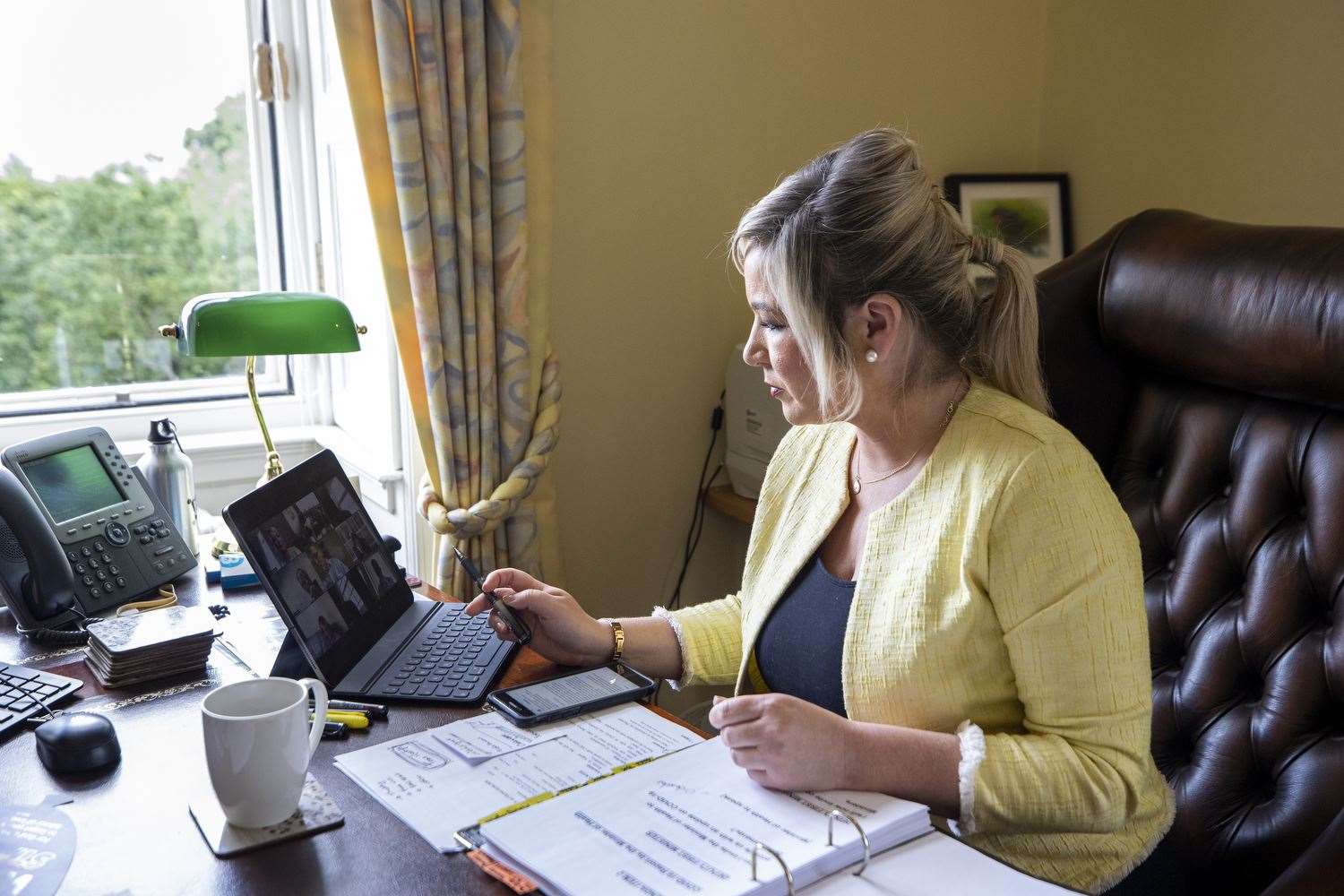 Michelle O’Neill takes part in a Zoom meeting of the Stormont Executive (Liam McBurney/PA)