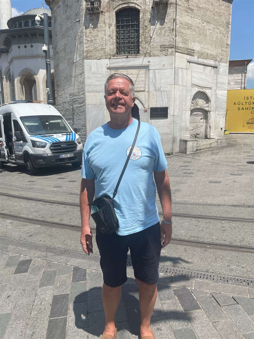 Man City fan Steve Rimmer, 68, from Middleton, Rochdale near Taksim Square in central Istanbul (Luke O’Reilly/PA)