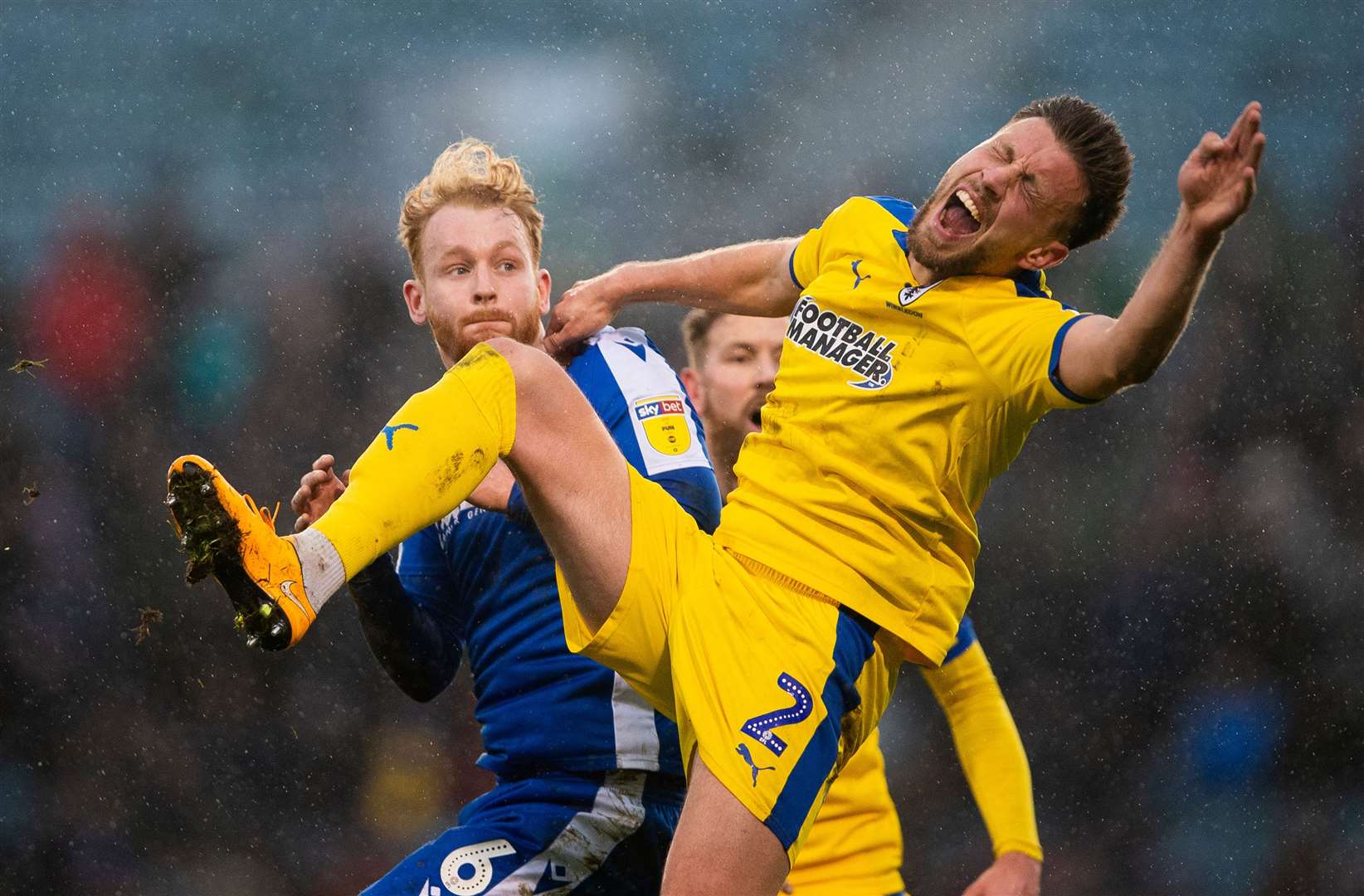 Former Gills defender Luke O'Neill feels the force of a challenge from Connor Ogilvie last season