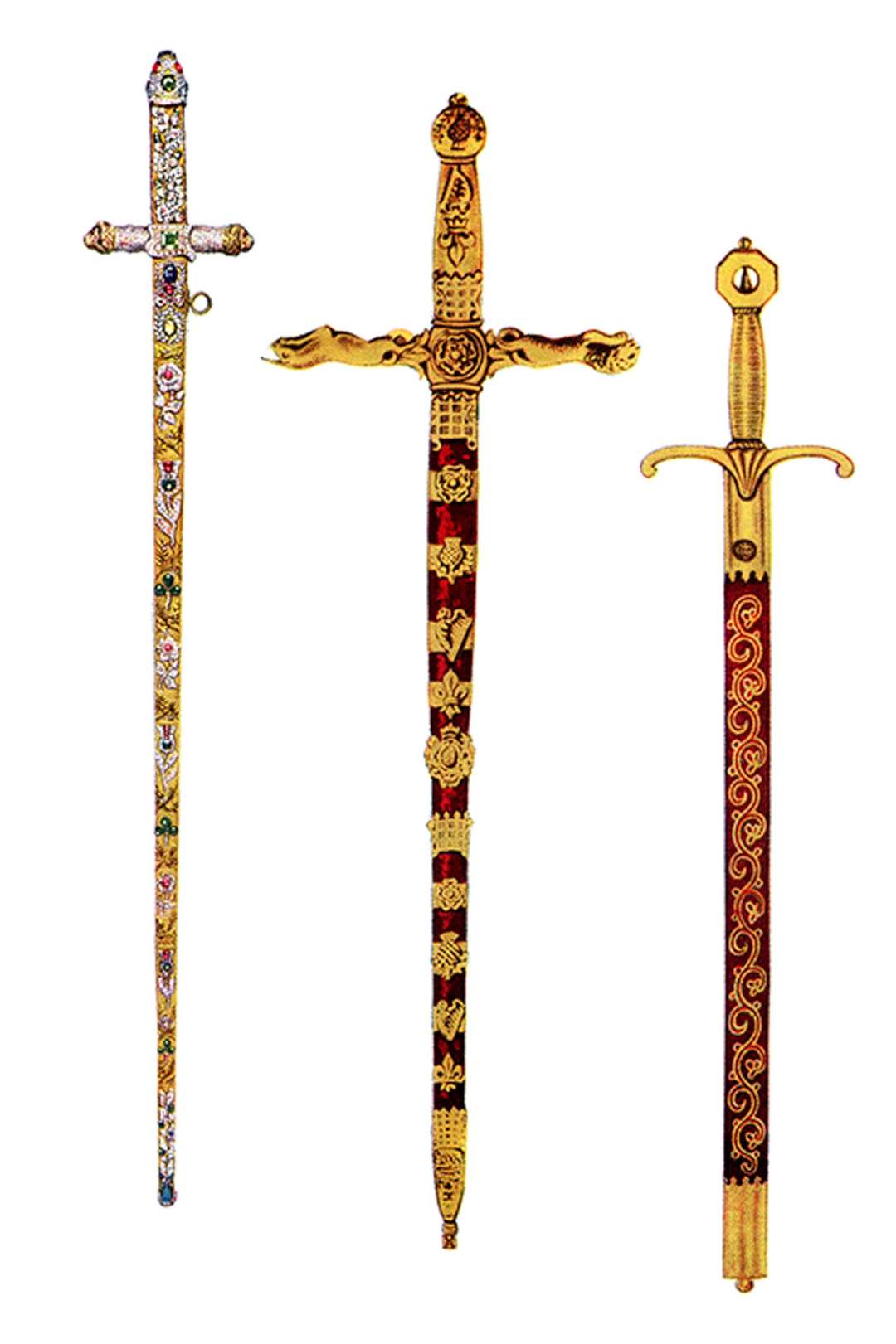 The jewelled Sword of Offering, left, with the Sword of State and the Sword of Mercy (The Picture Art Collection/Alamy/PA)