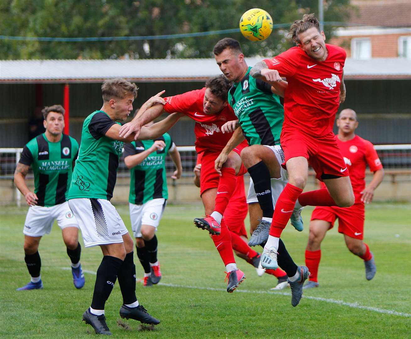 Summer signing Dean Beckwith attacks a Hythe corner against Burgess Hill. Picture: Barry Goodwin (42328648)