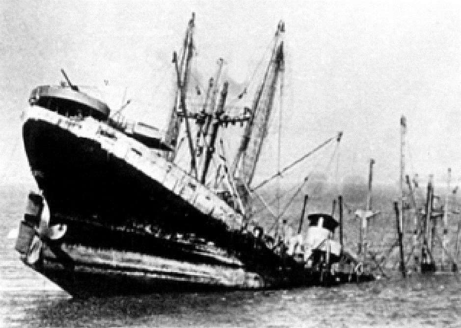 A photograph of the sinking of the Sheppey 'bomb ship' SS Richard Montgomery in August 1944