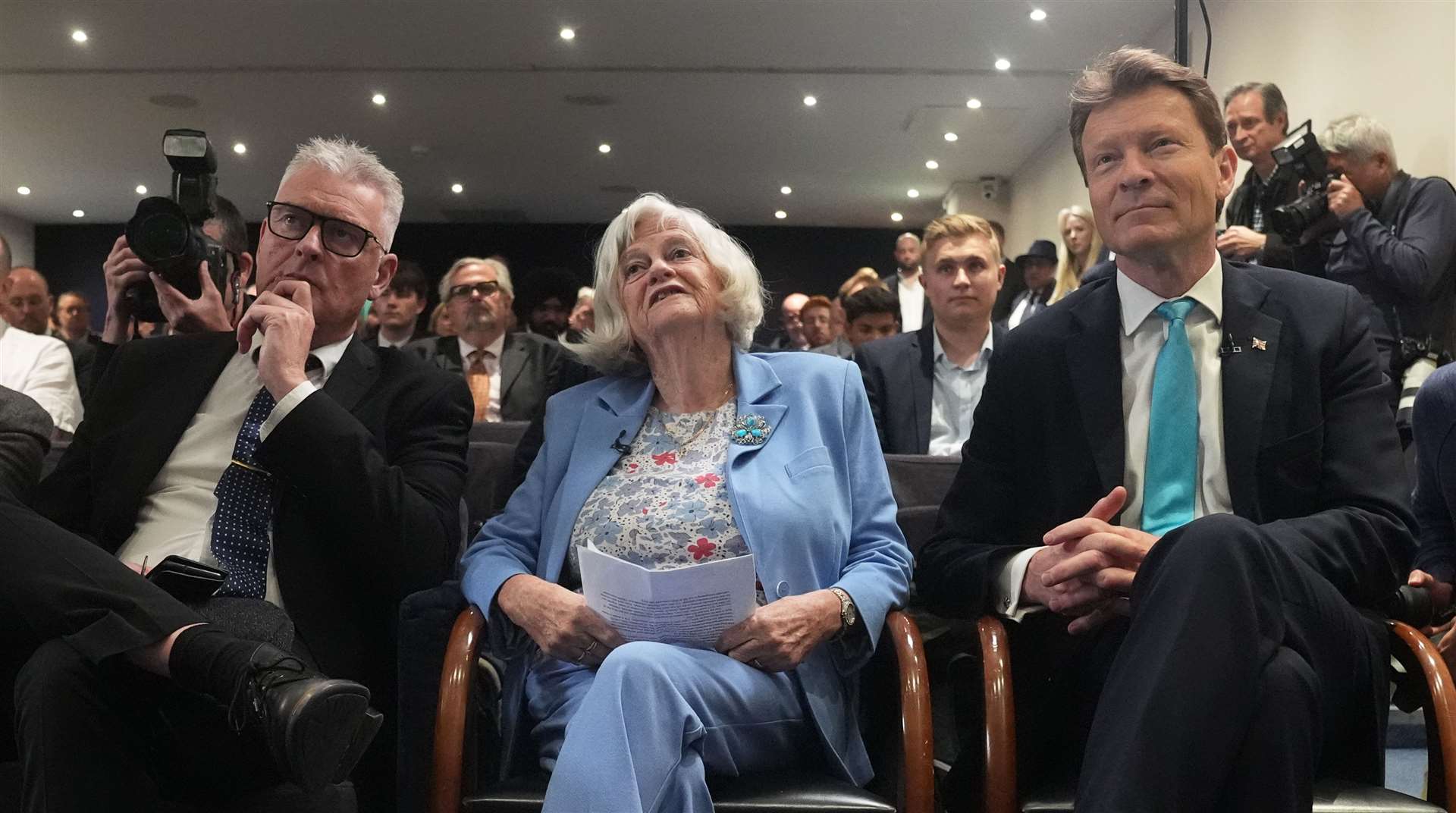 From left, Ashfield MP Lee Anderson, Ann Widdecombe and leader of Reform UK Richard Tice launch the party’s General Election campaign where Mr Tice hit out at high levels of net migration, establishment ‘experts’ and the ‘weak, feeble politicians who have broken Britain’ (Lucy North/PA)
